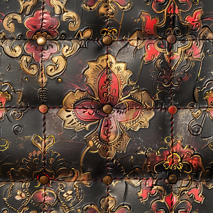 Embossed Ornate Black Leather with Floral Pattern and Brass Studs seamless PBR texture preview