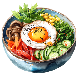 seamless Korean Bibimbap Breakfast Bowl with Fried Egg and Colorful Vegetables Illustration texture 8k free download PBR