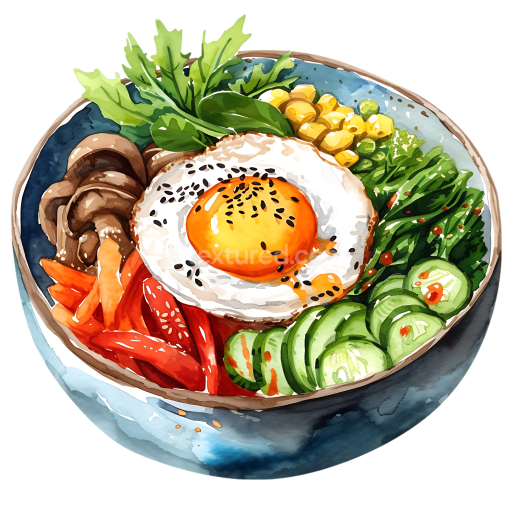 Korean Bibimbap Breakfast Bowl with Fried Egg and Colorful Vegetables Illustration