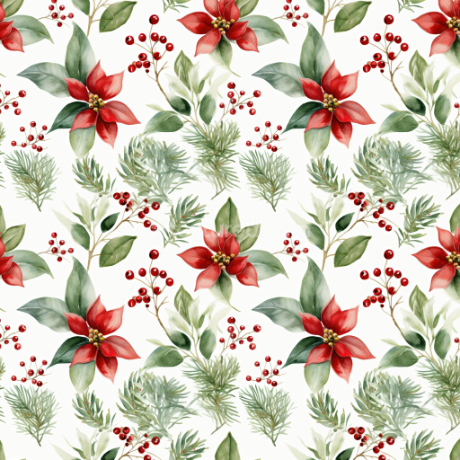 Seamless 3D PBR Texture with Watercolor Christmas Poinsettias and Foliage
