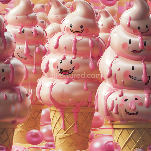 Seamless 3D Inflated PBR Texture Featuring Soft Serve Ice Cream with Dripping Pink Syrup