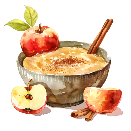 Watercolor Breakfast Bowl with Applesauce and Cinnamon Sticks Illustration