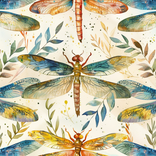 Seamless 3D PBR Texture Featuring Colorful Watercolor Dragonflies and Botanical Elements