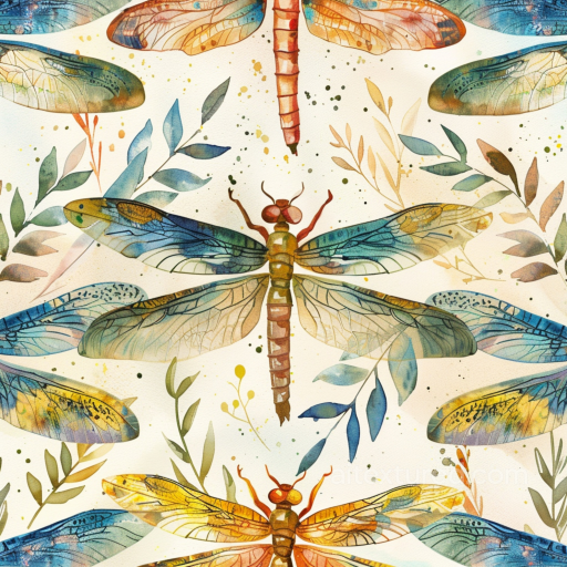 Featuring Colorful Watercolor Dragonflies and Botanical Elements seamless Dragonfly PBR texture