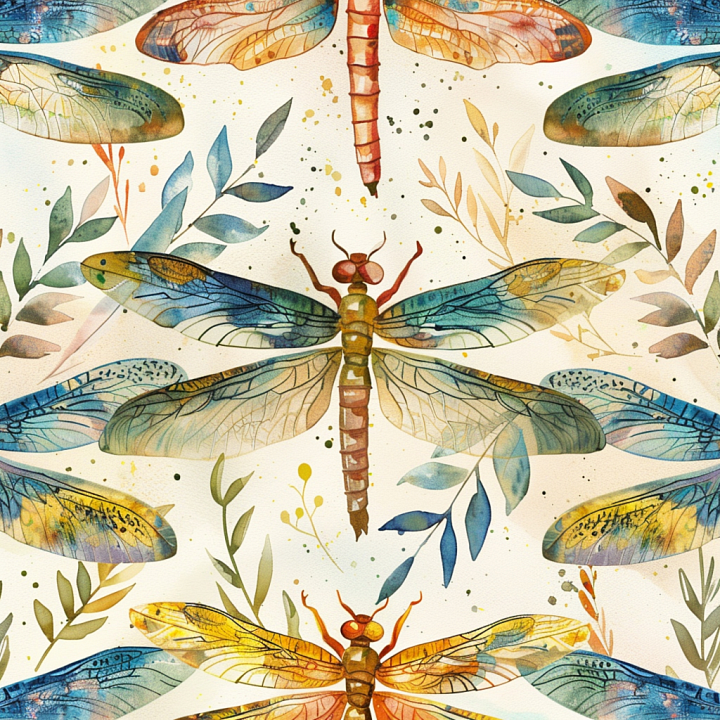 Featuring Colorful Watercolor Dragonflies and Botanical Elements seamless PBR texture preview