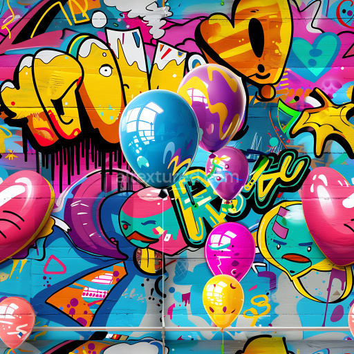 Seamless 3D PBR Texture Featuring Vibrant Cartoon-Style Graffiti on Concrete