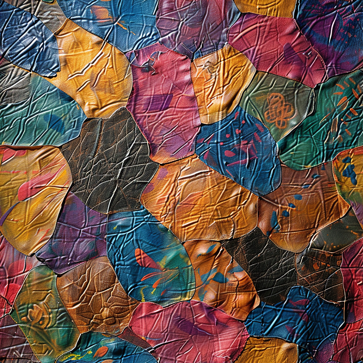 Colorful Cracked Leather Patchwork with Distinct Grain and Wrinkles seamless PBR texture preview
