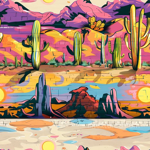 Seamless 3D PBR Graffiti Texture Featuring Vibrant Desert Landscape and Cacti Mural texture preview