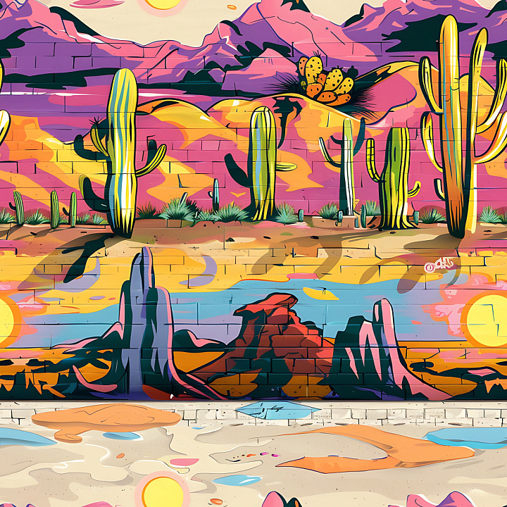 Graffiti Featuring Vibrant Desert Landscape and Cacti Mural seamless PBR texture preview