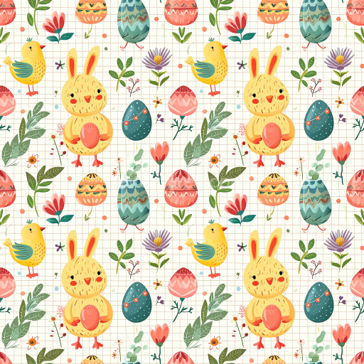 Seamless 3D PBR Easter digital paper texture with playful bunny, chicks, and decorative eggs