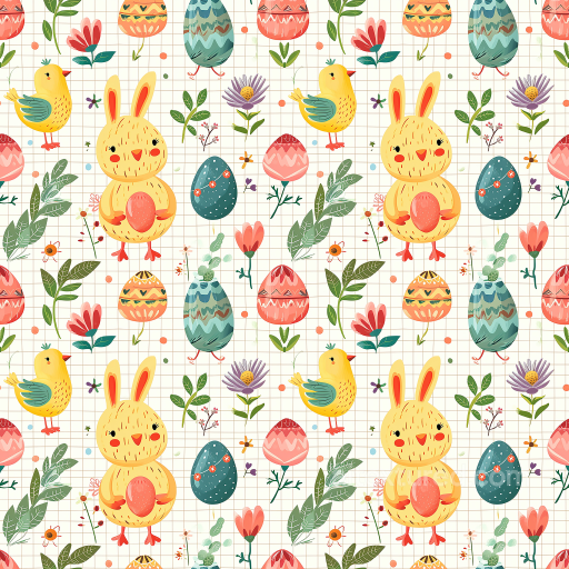 Easter Digital Paper Texture With Playful Bunny, Chicks, And Decorative Eggs seamless All Easter Digital paper PBR texture