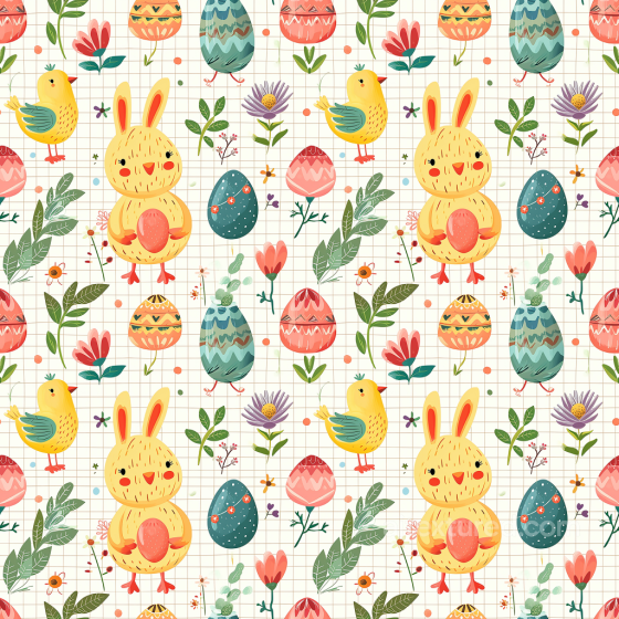 Easter Digital Paper Texture With Playful Bunny, Chicks, And Decorative Eggs All Easter Digital paper texture preview