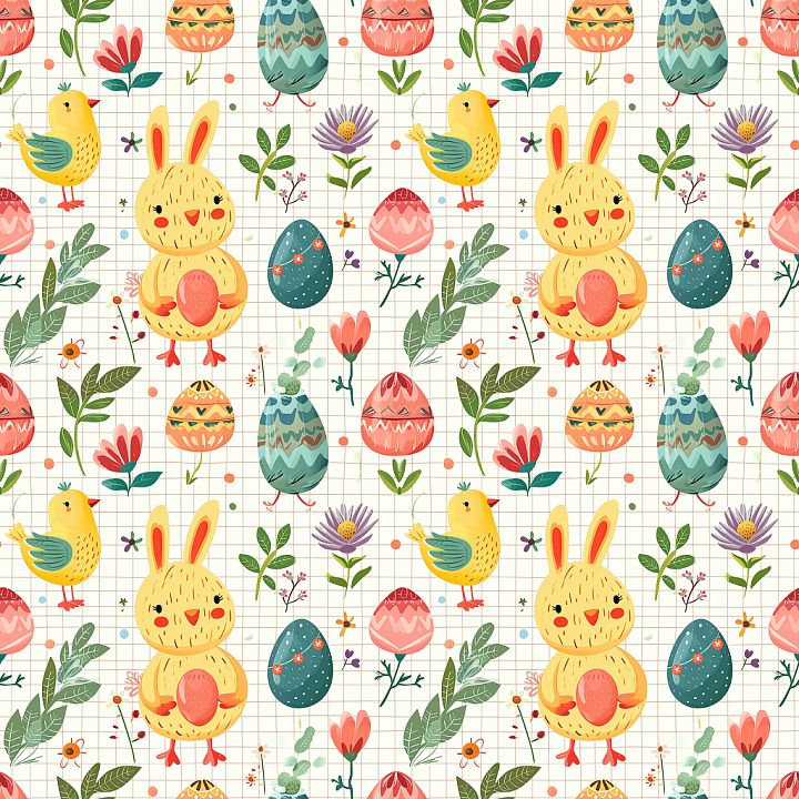 Easter Digital Paper With Playful Bunny, Chicks, And Decorative Eggs seamless PBR texture preview
