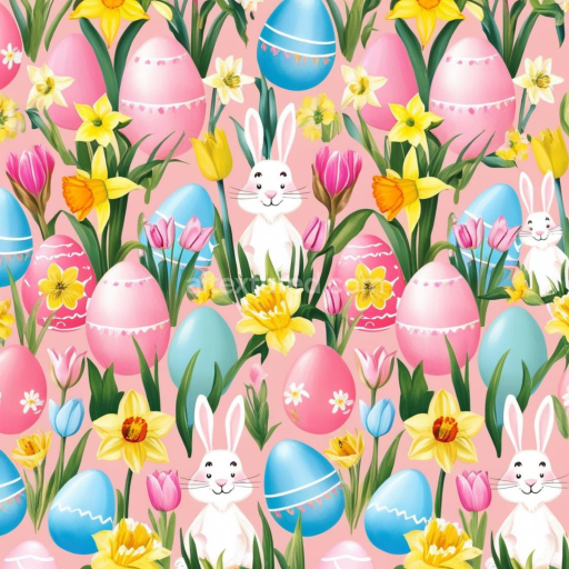 Seamless 3D PBR Easter Digital Paper Texture with Bunny, Eggs & Flowers