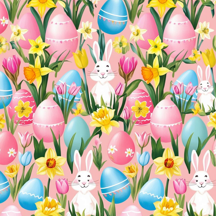 All Easter Digital paper of Easter Eggs, Bunnies & Spring Flowers seamless PBR texture preview