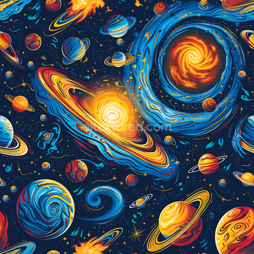 Seamless 3D Space PBR Texture Featuring Stylized Galaxies and Colorful Planetary Orbits