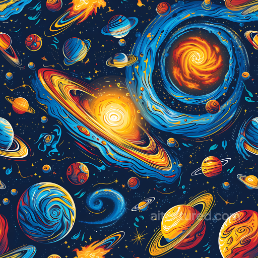 Space PBR Texture Featuring Stylized Galaxies and Colorful Planetary Orbits seamless Star, space, planets PBR texture