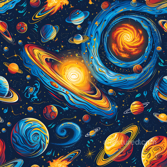 Space PBR Texture Featuring Stylized Galaxies and Colorful Planetary Orbits Star, space, planets texture preview