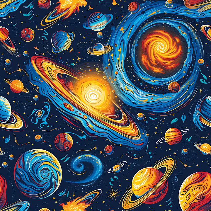 Space Featuring Stylized Galaxies and Colorful Planetary Orbits seamless PBR texture preview