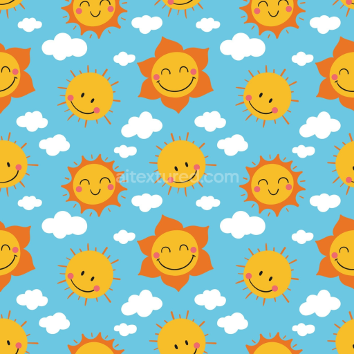 Seamless 3D PBR Cartoon Happy Face Sun Pattern Texture in Bright Blue