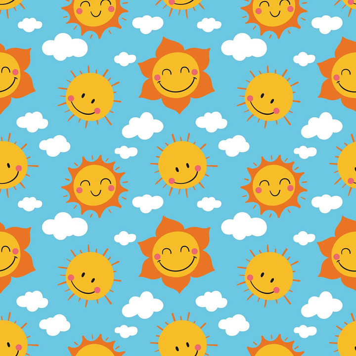 Cartoon Happy Face Sun Pattern in Bright Blue seamless PBR texture preview
