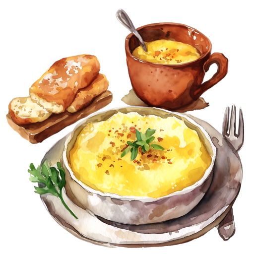 Watercolor Polenta Breakfast Bowl with Bread and Cup Illustration
