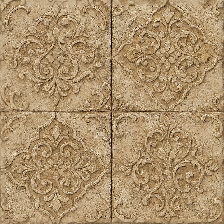 Antique Tiles Mosaic With Distressed Ceramic And Arabesque Motifs Design seamless PBR texture preview