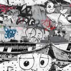 seamless Seamless 3D PBR Graffiti Texture Featuring Urban Boats and Playful Characters texture 8k free download PBR