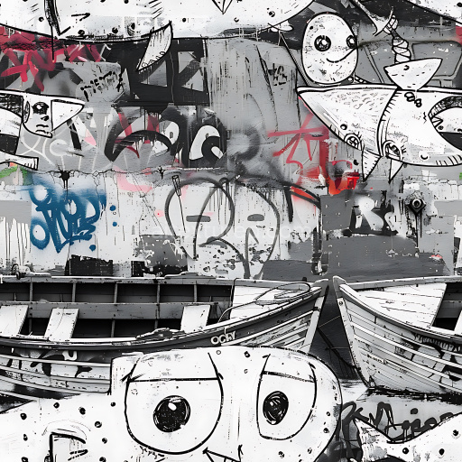 Seamless 3D PBR Graffiti Texture Featuring Urban Boats and Playful Characters
