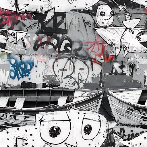 Seamless 3D PBR Graffiti Texture Featuring Urban Boats and Playful Characters texture preview