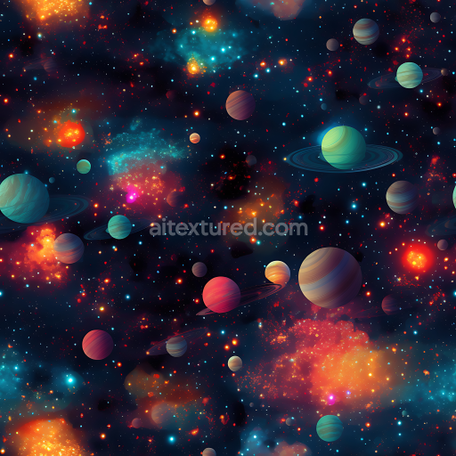 Seamless 3D Space PBR Texture with Colorful Planetary Bodies and Nebula Clouds