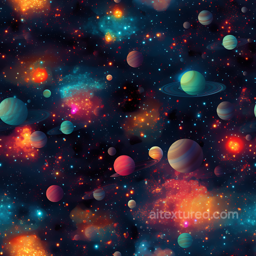 Space PBR Texture with Colorful Planetary Bodies and Nebula Clouds seamless Star, space, planets PBR texture