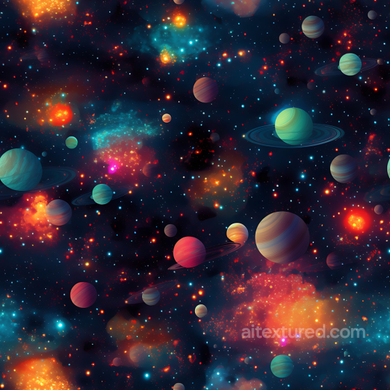 Space PBR Texture with Colorful Planetary Bodies and Nebula Clouds Star, space, planets texture preview