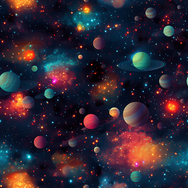 Space with Colorful Planetary Bodies and Nebula Clouds seamless PBR texture preview