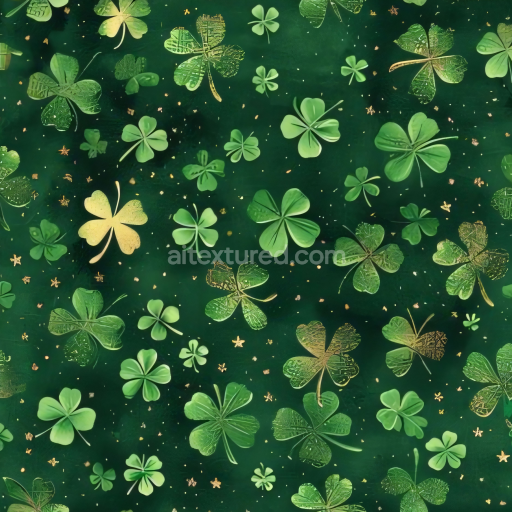Seamless 3D PBR Texture of Green Shamrocks on Dark Background with Gold Accents
