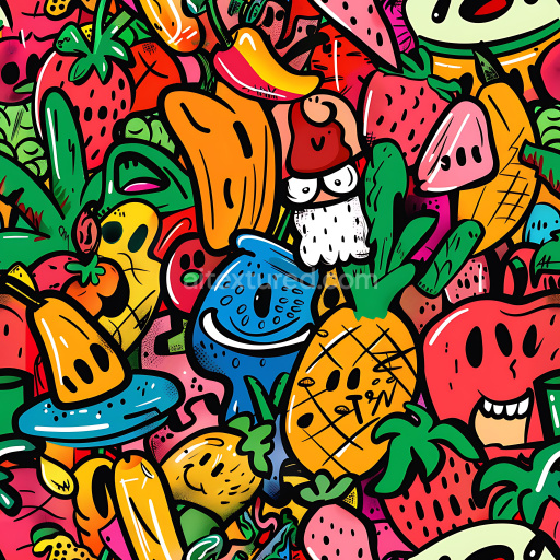 Seamless 3D PBR Graffiti Texture Featuring Bright Cartoon-Style Fruits