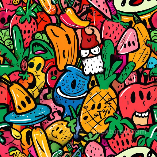 Seamless 3D PBR Graffiti Texture Featuring Bright Cartoon-Style Fruits texture preview