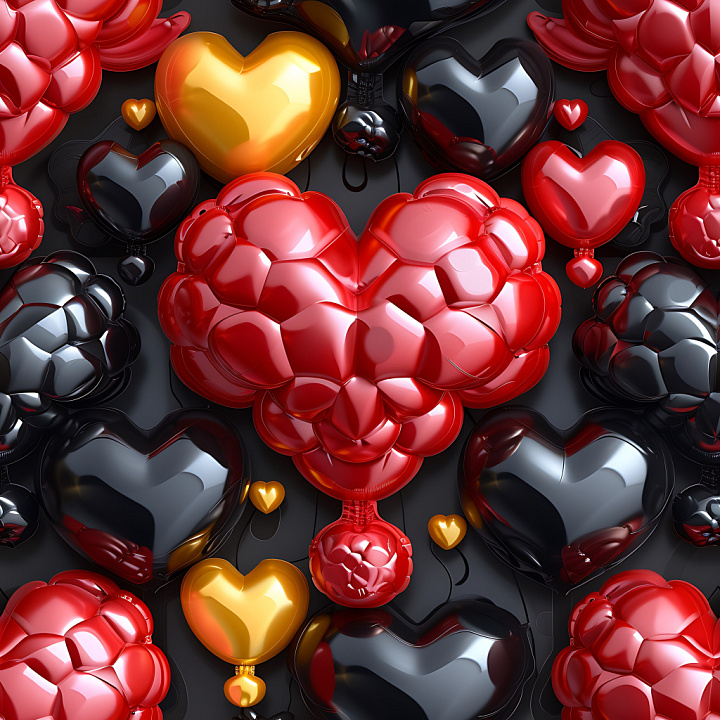 Inflated of Glossy Heart-Shaped Balloons in Red, Black, and Gold seamless PBR texture preview
