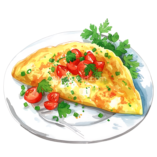 Watercolor Omelet Breakfast with Cherry Tomatoes and Parsley Illustration