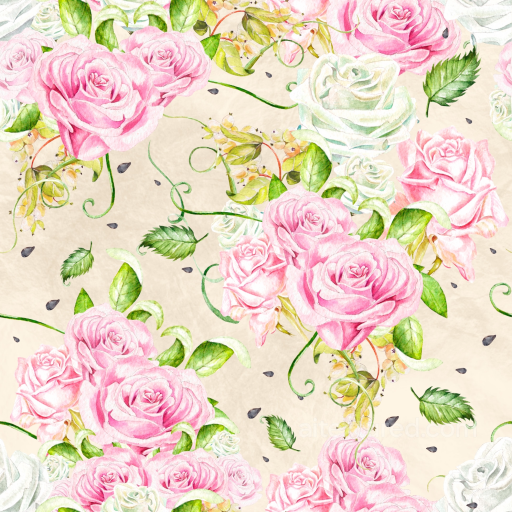Flower Texture of Watercolor Pink and White Roses with Green Leaves seamless Flower PBR texture