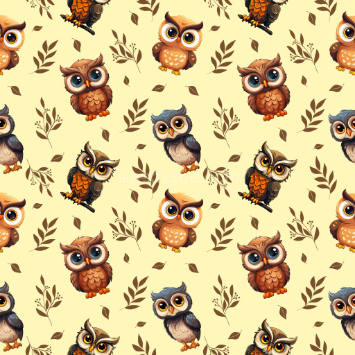 Pattern Bundle - Seamless 3D PBR Pattern Texture Featuring Cute Cartoon Owls with Foliage on Light Backgro… texture preview
