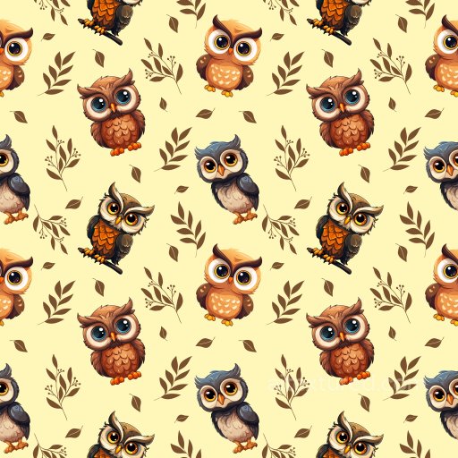Pattern Texture Featuring Cute Cartoon Owls with Foliage on Light Background seamless Pattern Bundle PBR texture