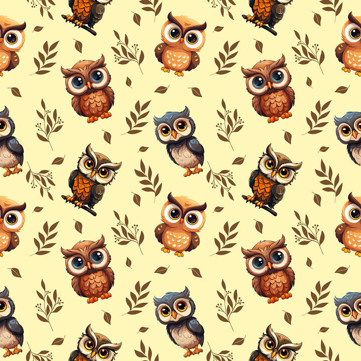 Pattern Featuring Cute Cartoon Owls with Foliage on Light Background seamless PBR texture preview