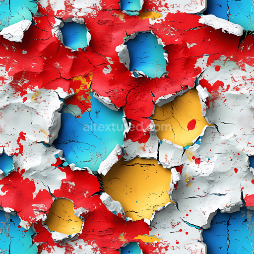 Seamless 3D cracked and holed PBR texture of vibrant chipped paint layers