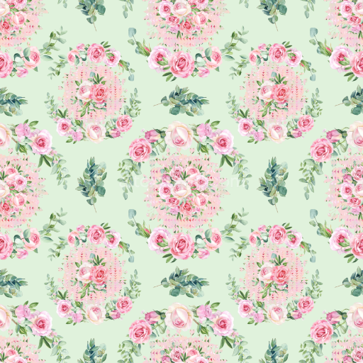 Seamless 3D PBR Floral Watercolor Fabric Texture with Pink Roses on Light Green Background