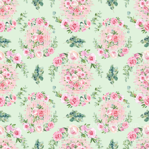 Floral Watercolor Fabric Texture with Pink Roses on Light Green Background seamless Floral  PBR texture