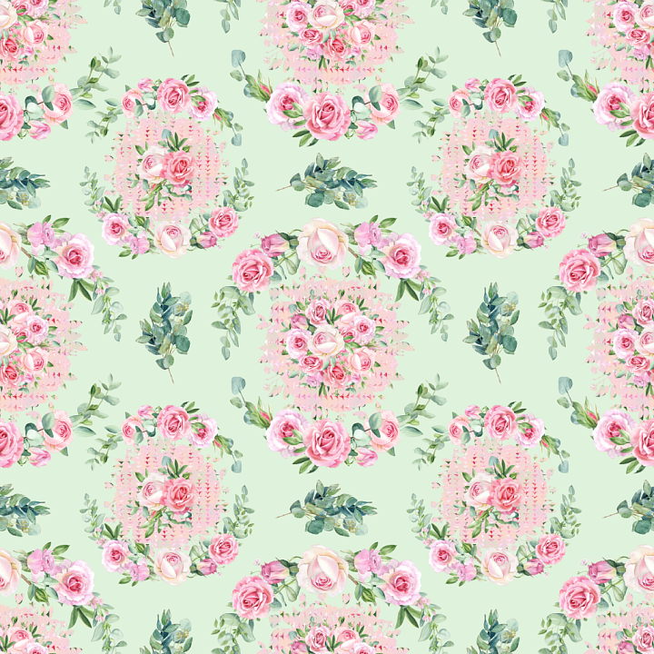 Floral Watercolor Fabric with Pink Roses on Light Green Background seamless PBR texture preview