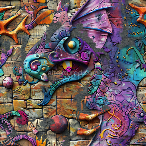 Seamless 3D PBR Texture Featuring Colorful Urban Graffiti Mural with Sculpted Relief