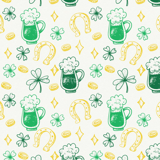 Seamless 3D PBR Texture Featuring St Patrick Symbols in Green and Gold