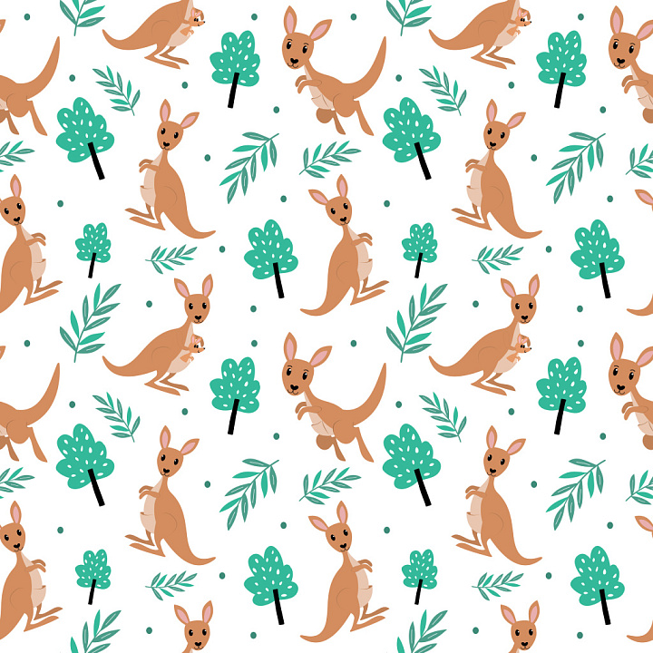 Cartoon Kangaroo Pattern with Playful Green Foliage seamless PBR texture preview